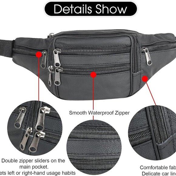 Leather Fanny Pack Travel Waist Bag 7 Pockets Waist Pack.Suitable for Outdoor Mo - Picture 6 of 9